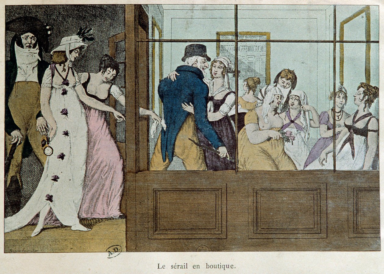 Der Terminladen: das Serail im Laden Ein Bordell im Palais Royal in Paris. Lithographie aus dem frühen 18. Jahrhundert Paris, dekorative Künste von French School