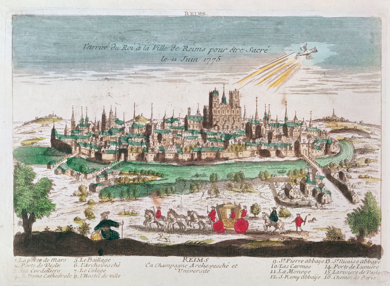 Die Ankunft von Ludwig XVI. in Reims zu seiner Krönung am 11. Juni 1775 von French School