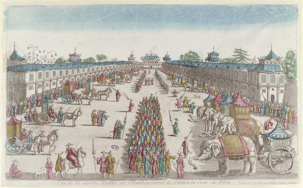 Die Ankunft der siamesischen Botschafter in der Verbotenen Stadt in Peking bei ihrem Besuch beim Kaiser von China, 2. Hälfte des 18. Jahrhunderts von French School