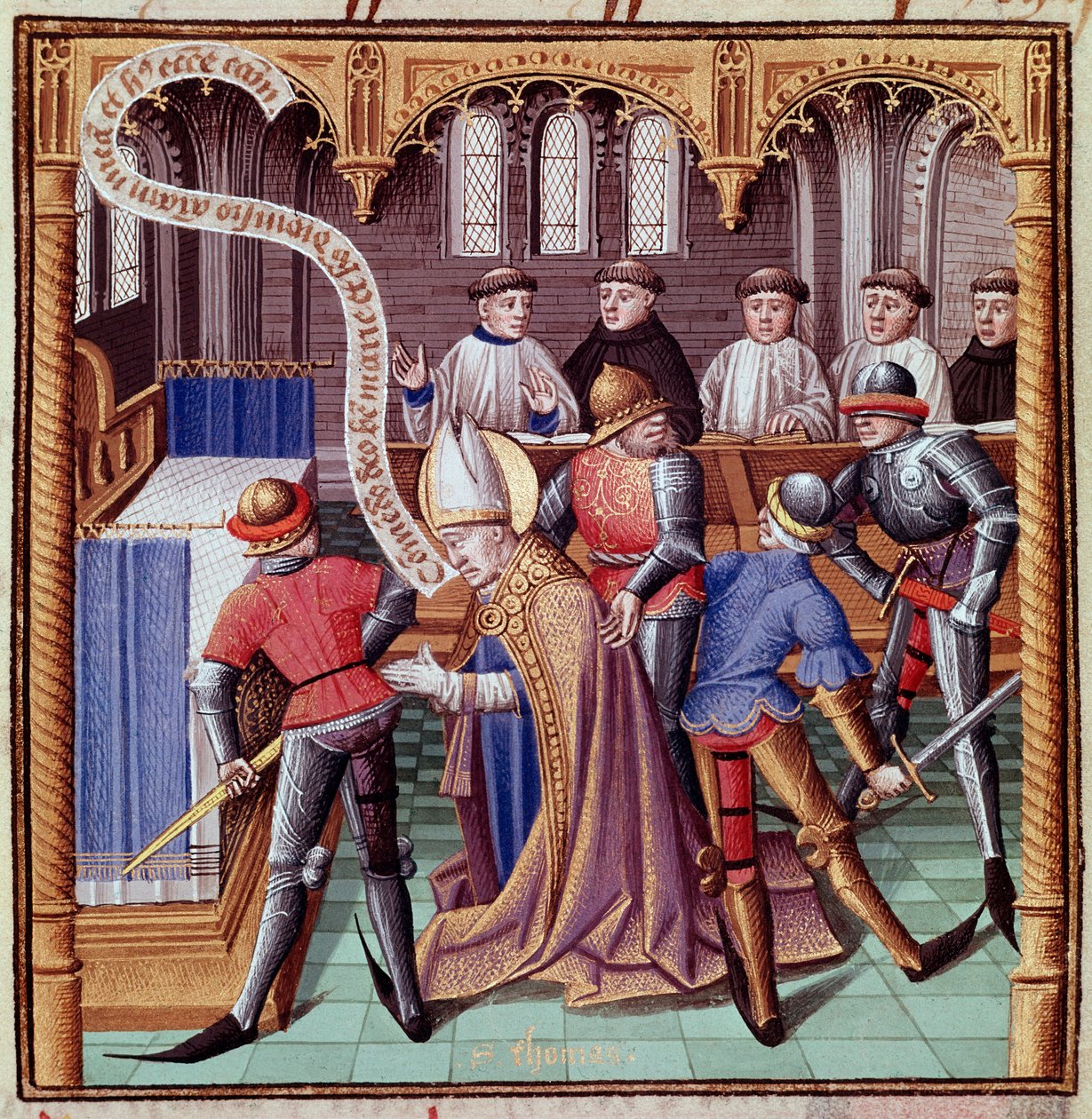Die Ermordung von Thomas Becket im Jahr 1170 (Ermordung von Saint Thomas von Canterbury) Miniatur aus „Le miroir historial“ (Speculum Historiale) von Vincent de Beauvais (1190-1264) ins Französische übersetzt von Jean de Vignay von French School