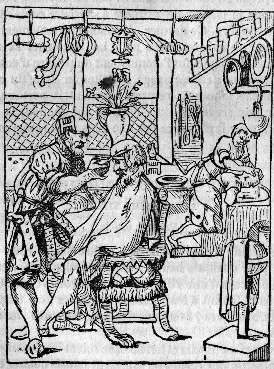 Der Friseursalon im 16. Jahrhundert, der Friseur kümmert sich um die Haare eines Kunden. In "Der malerische Laden" 1836 von French School