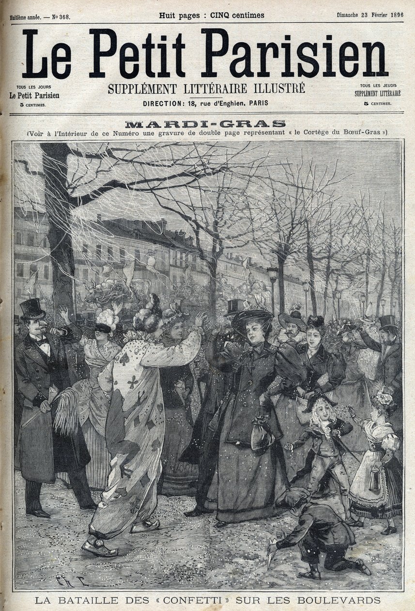 Die Schlacht der Konfetti auf dem Pariser Boulevard während des Karnevals (Mardi-Gras). Gravur in "Le petit Parisien" von French School