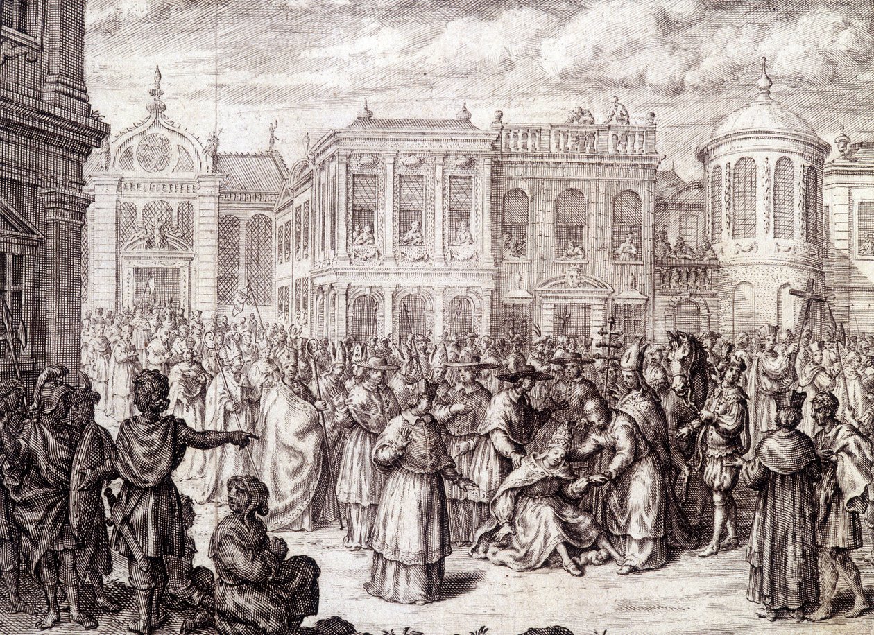 Die Geburt der Päpstin Johanna - in „Geschichte der Päpstin Johanna“ von M. de Spanheim, Den Haag von French School