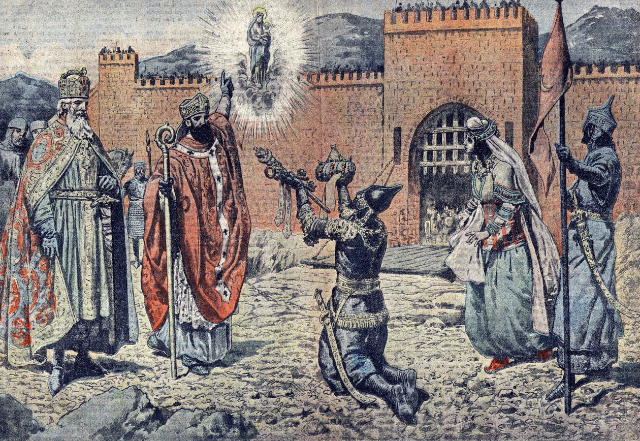 Der Buchweizenprinz Mirat genannt Lorus, Belagerung durch Karl den Großen im Jahr 778 in seiner Burg von Lourdes von French School