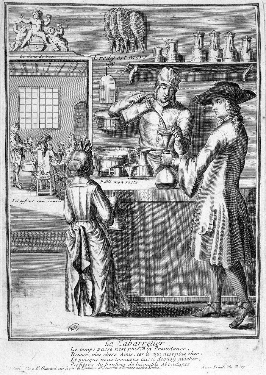 Der Wirt bereitet die Weinkaraffe vor - Gravur von French School