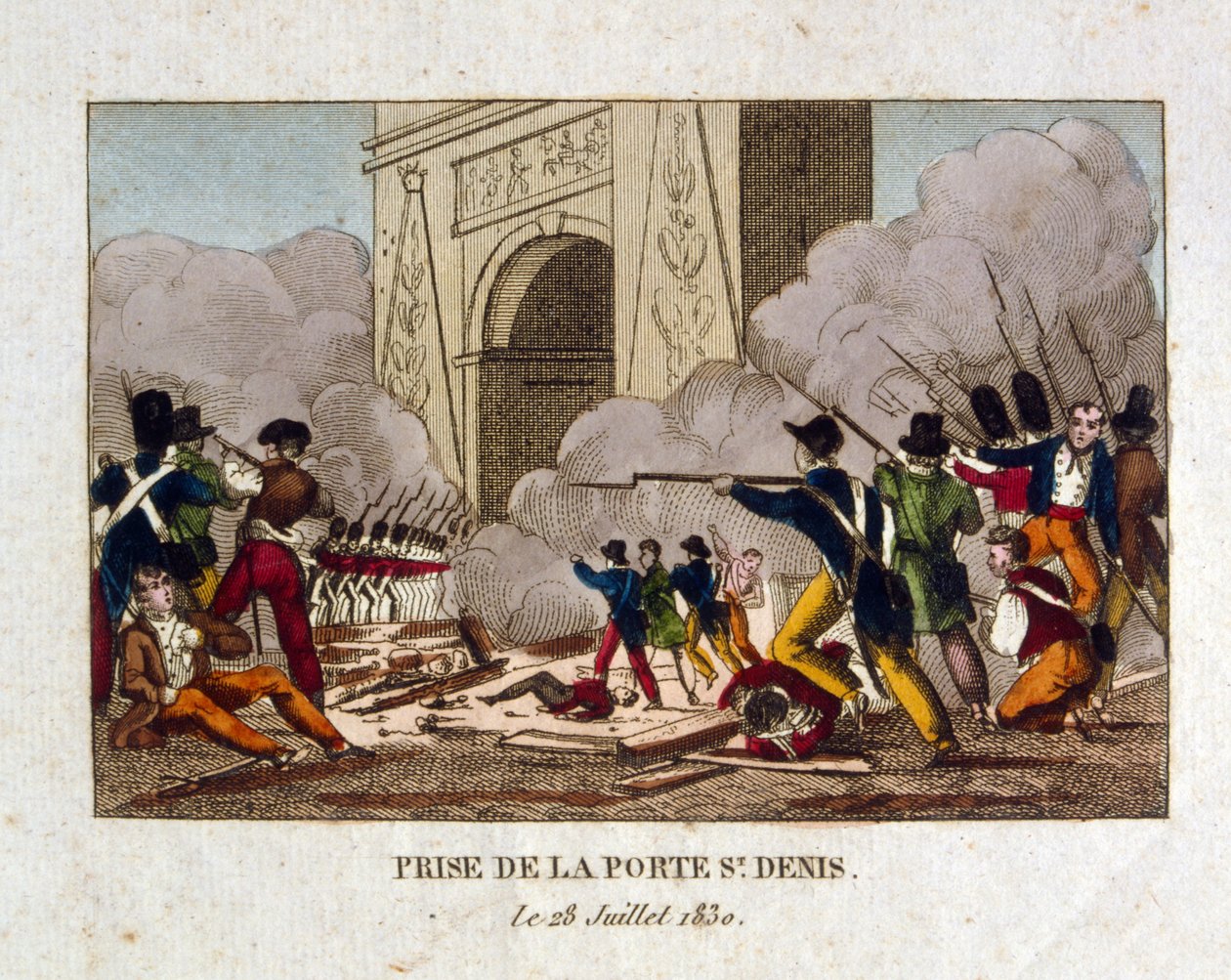 Die Eroberung des Tores von St. Denis, Paris, während der Französischen Revolution von 1830 von French School