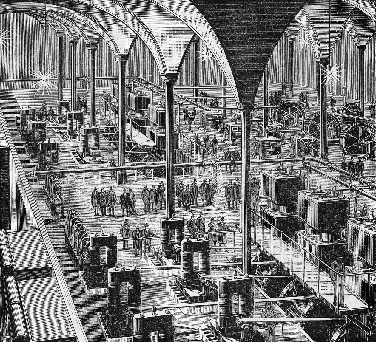 Das zentrale Elektrizitätswerk in den Halles de Paris. In „Album de la Science“, Éditions Jouvet von French School
