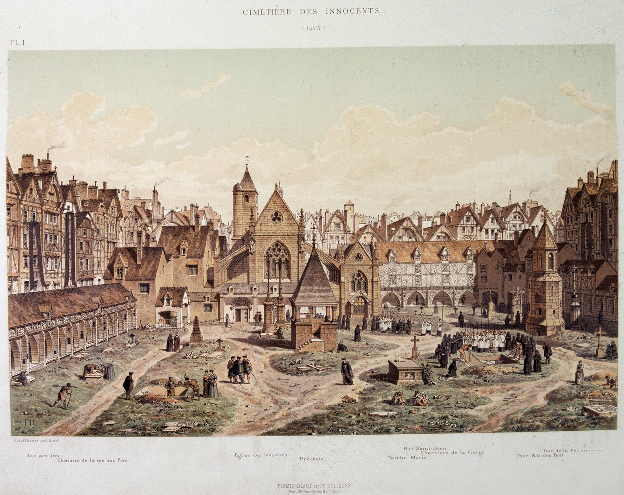 Die Kirche und der Friedhof der Unschuldigen im Jahr 1550 - in „Paris a travers les ages“, späte 19. Jahrhundert von French School