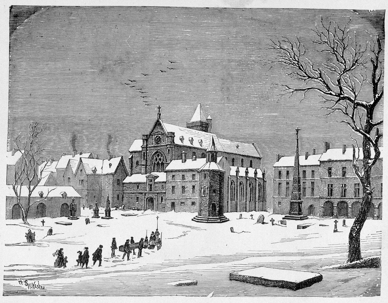 Die Kirche des Friedhofs der Unschuldigen im Jahr 1445 - in „Paris through the centuries“ von H. Gourdon de Kenouillac von French School