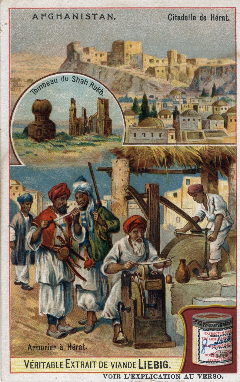 Die Stadt und die Rüstungsmacher der Stadt Herat in Afghanistan und das Grab von Shah Rukh. Chromolithographie aus dem 19. Jahrhundert. von French School