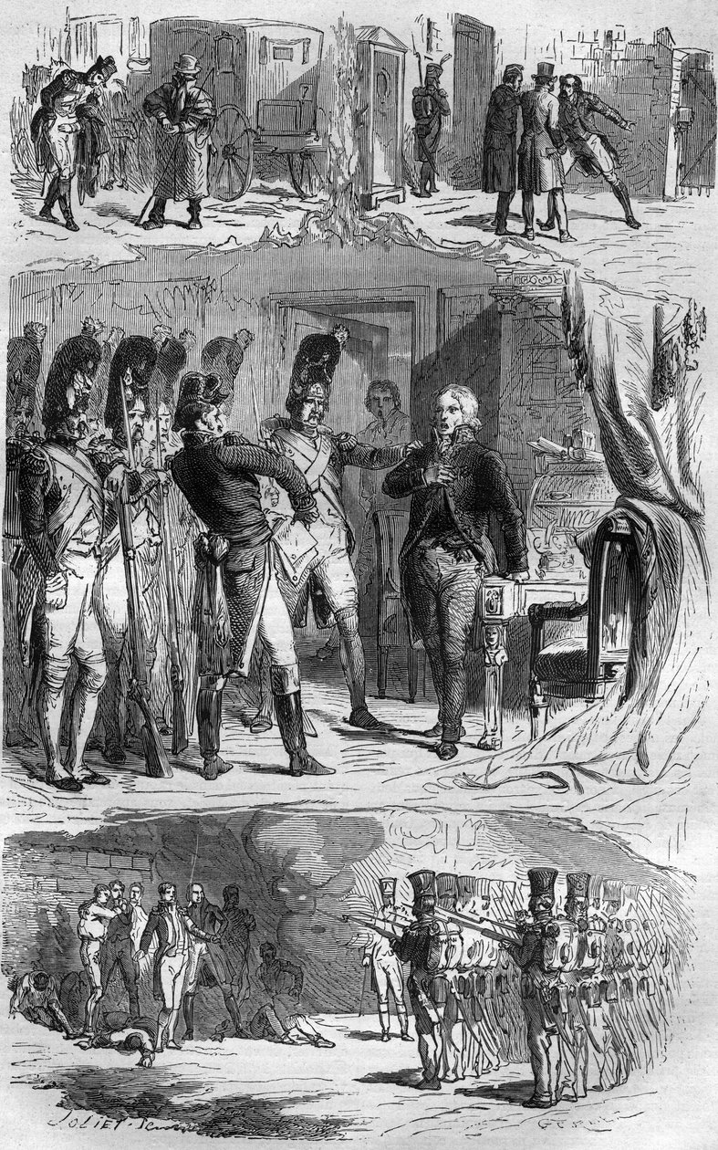 Die Verschwörung von Claude François de Malet (Claude-François Malet) (1754-1812), General des Kaiserreichs, Autor des Staatsstreichs von 1812 gegen Napoleon während des russischen Rückzugs. Gravur in „Geschichte der Päpste-Könige-Königinnen und Kaiser dur von French School