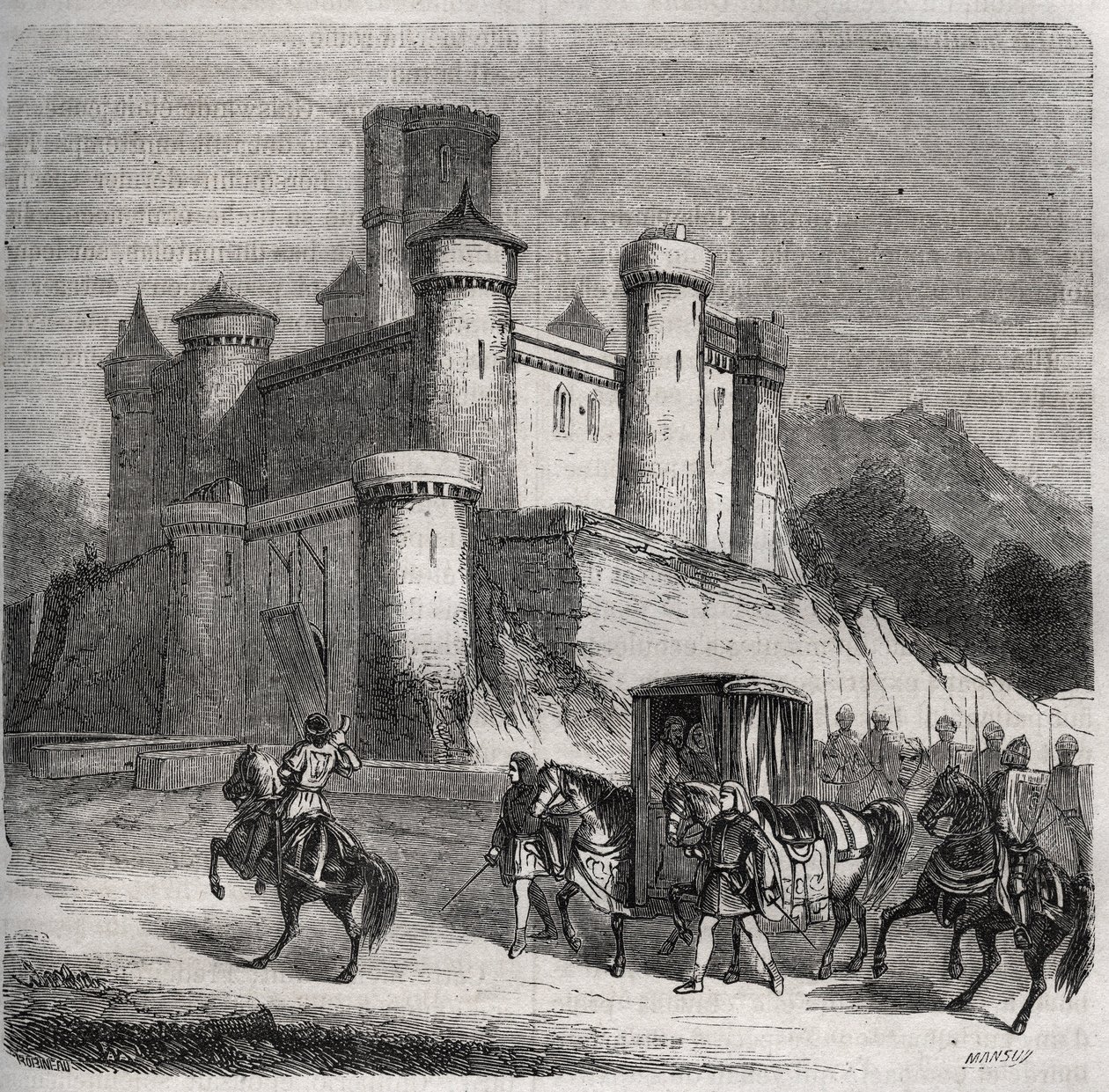 Der Zug von Rigonde (Rigonthe) (um 569-nach 589) verlässt Paris, um zu ihrem Verlobten, Prinz Recarede, zu gehen. Gravur von 1871 in „Histoire Des Cocus Célèbres“ von Henry de Kock (1819-1892). von French School
