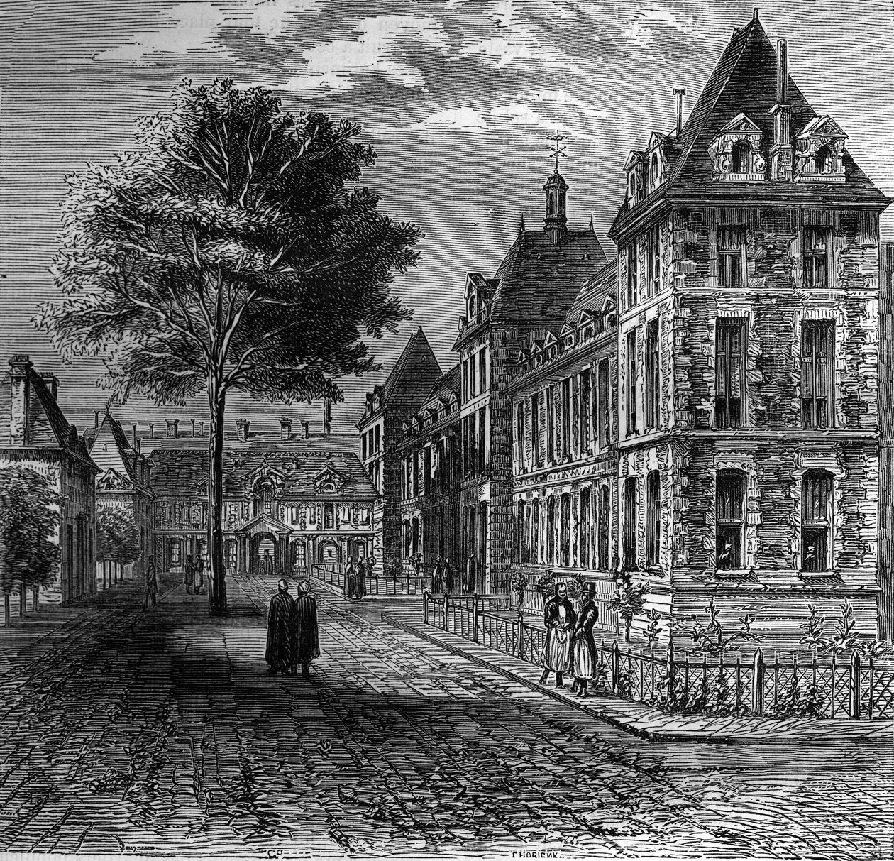 Der Hof des Saint-Louis-Krankenhauses in Paris Ende des 16. Jahrhunderts von French School