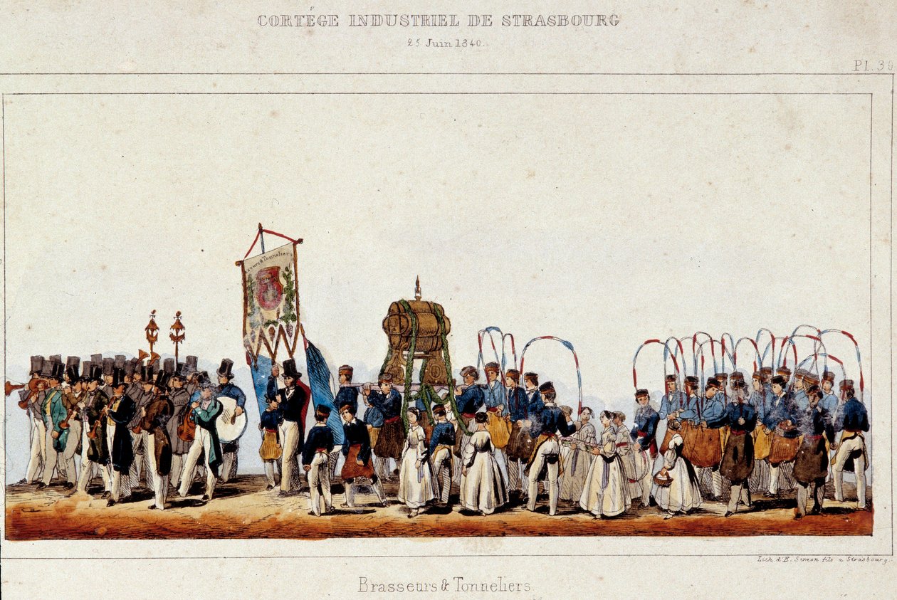Der Tanz der Brauer und Küfer während des industriellen Umzugs in Straßburg am 25.06.1840. Lithographie von Simon von French School