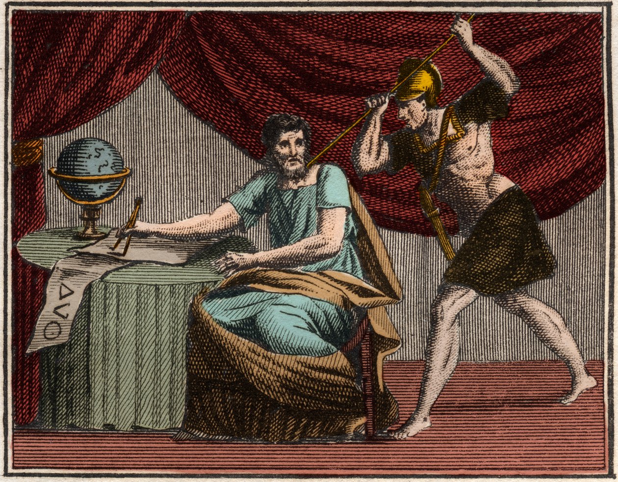 Der Tod des Archimedes während der Eroberung von Syrakus, Sizilien, durch römische Soldaten im Jahr 212 v. Chr. von French School