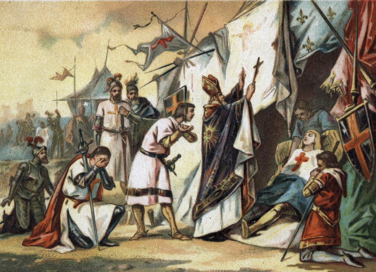 Der Tod von Saint Louis (Louis IX) (1214/1215-1270) in Tunis. Chromolithographie aus dem späten 19. Jahrhundert von French School