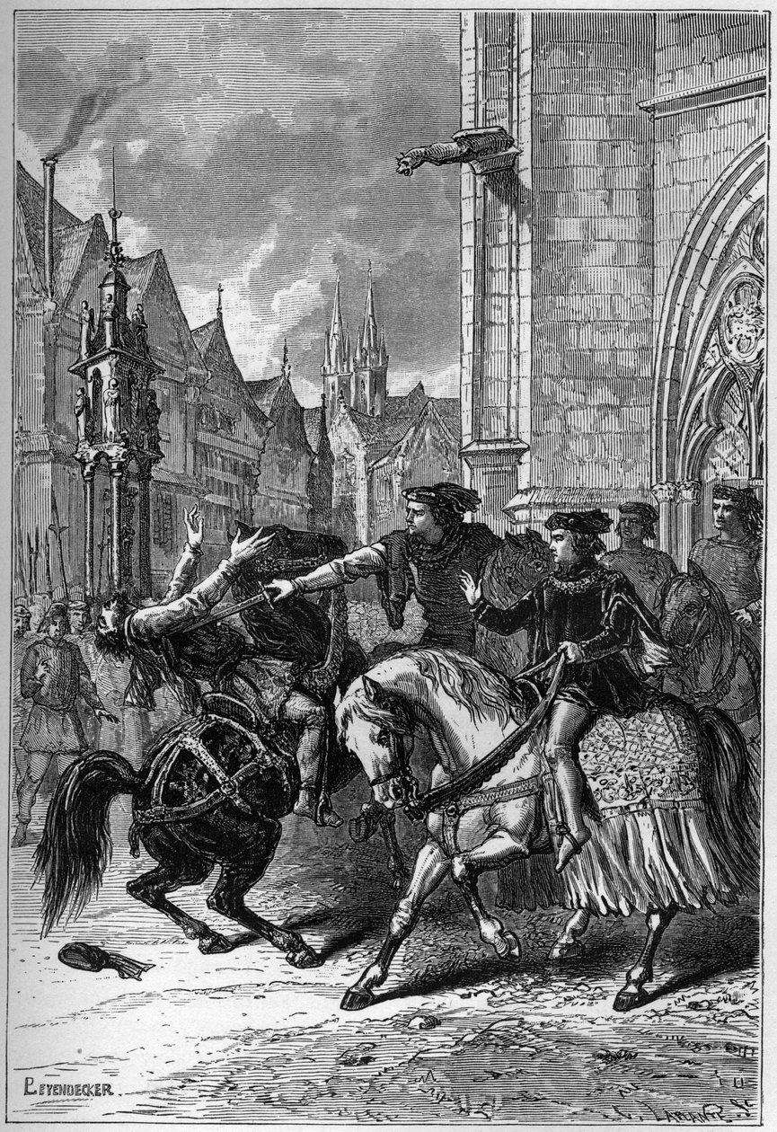 Der Tod von Wat Tyler in Smithfield, London, im Jahr 1381 während des Bauernaufstands von French School