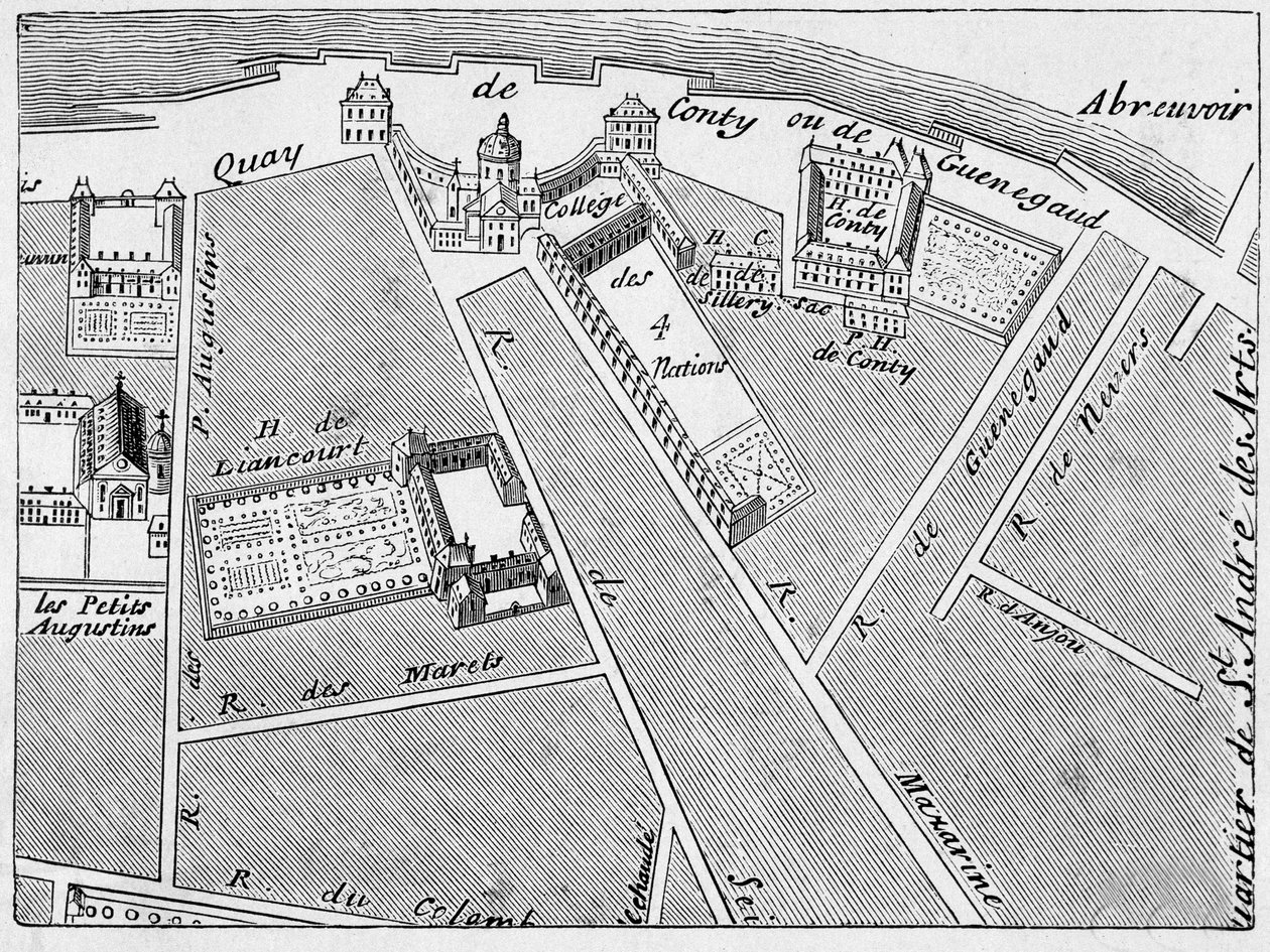 Das Viertel des Collège des Quatre Nations und das Hôtel Conti-Fac-Simile im Plan von J. de la Caille von French School