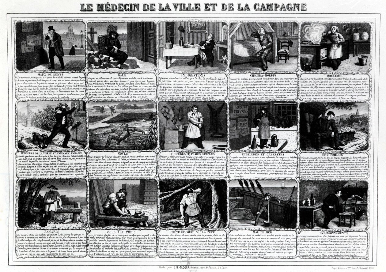 Der Arzt der Stadt und des Landes und ihre verschiedenen Patienten, veröffentlicht von J.B. Gadolachez Cours de Brosses in Lyon, Ende des 19. Jahrhunderts. von French School
