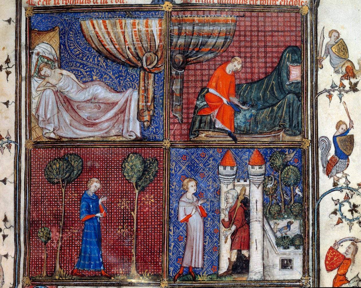 Der Traum: Der schlafende Liebhaber, der sich anzieht, sein Hemd näht und vor dem Haus der Lust steht. Miniatur in „Roman de la rose“ von Jean de Meun, Jean de Meung oder Jean Chopinel, Jean Clopinel (ca. 1240-1305), um 1370. Chantilly, Musée Condé von French School