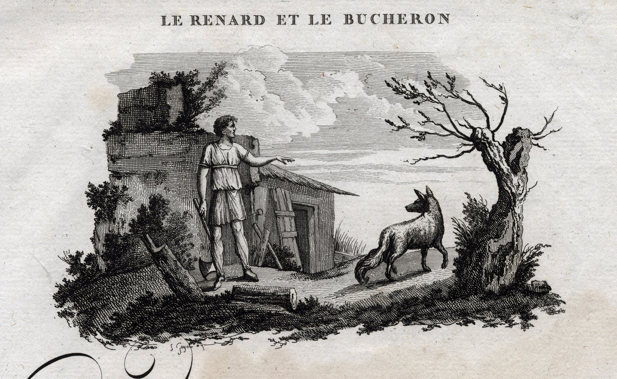 Der Fuchs und der Holzfäller. Fabel von Äsop. Geschrieben von Guillaume Montfort und graviert von Beauble im Jahr 1801. von French School