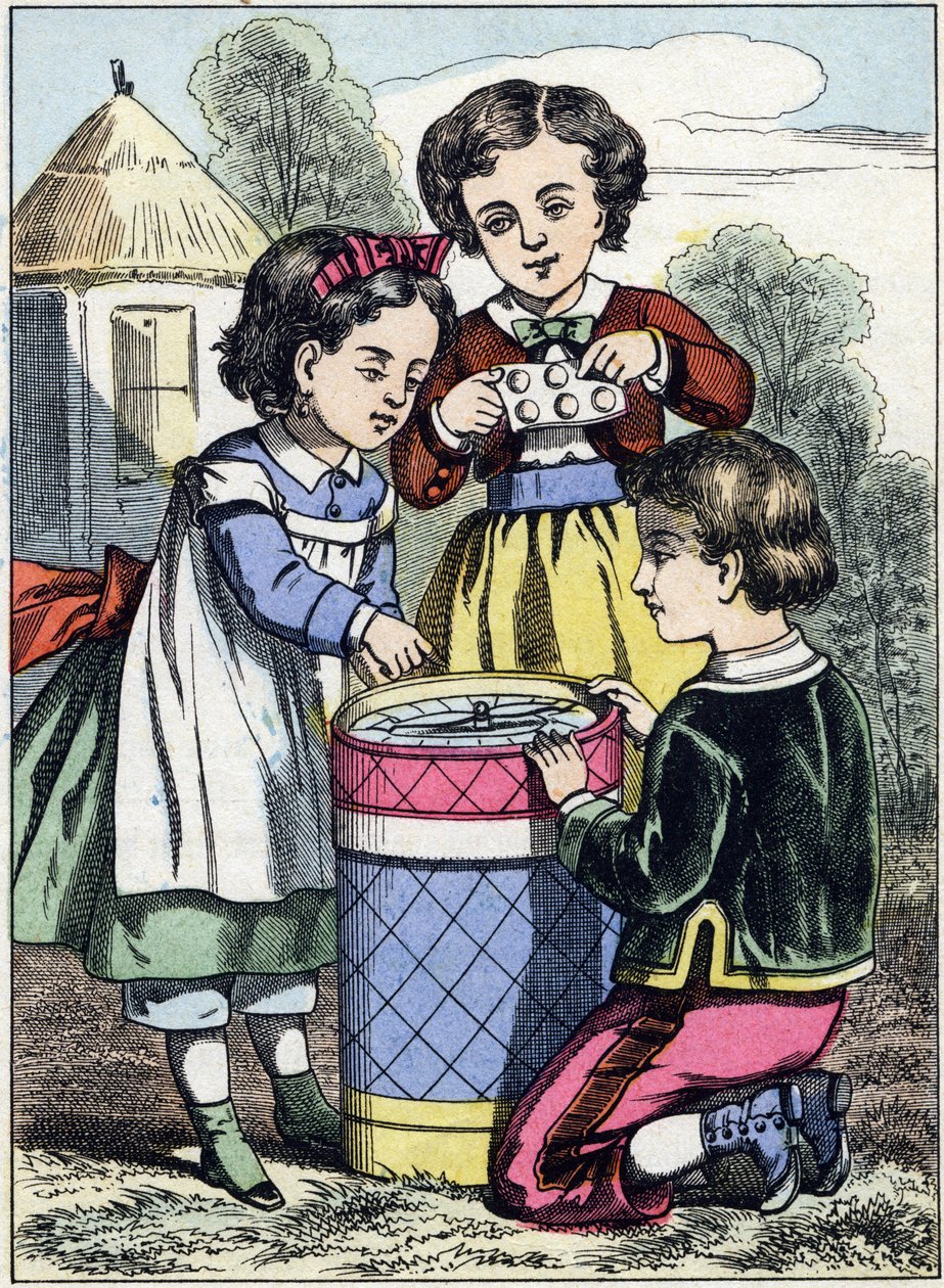 Das Spiel der Makronen. Gravur aus dem Bilderalbum „Die Spiele der Kindheit“. Epinaler Bildgebung, Ende des 19. Jahrhunderts. 32 Seiten von French School