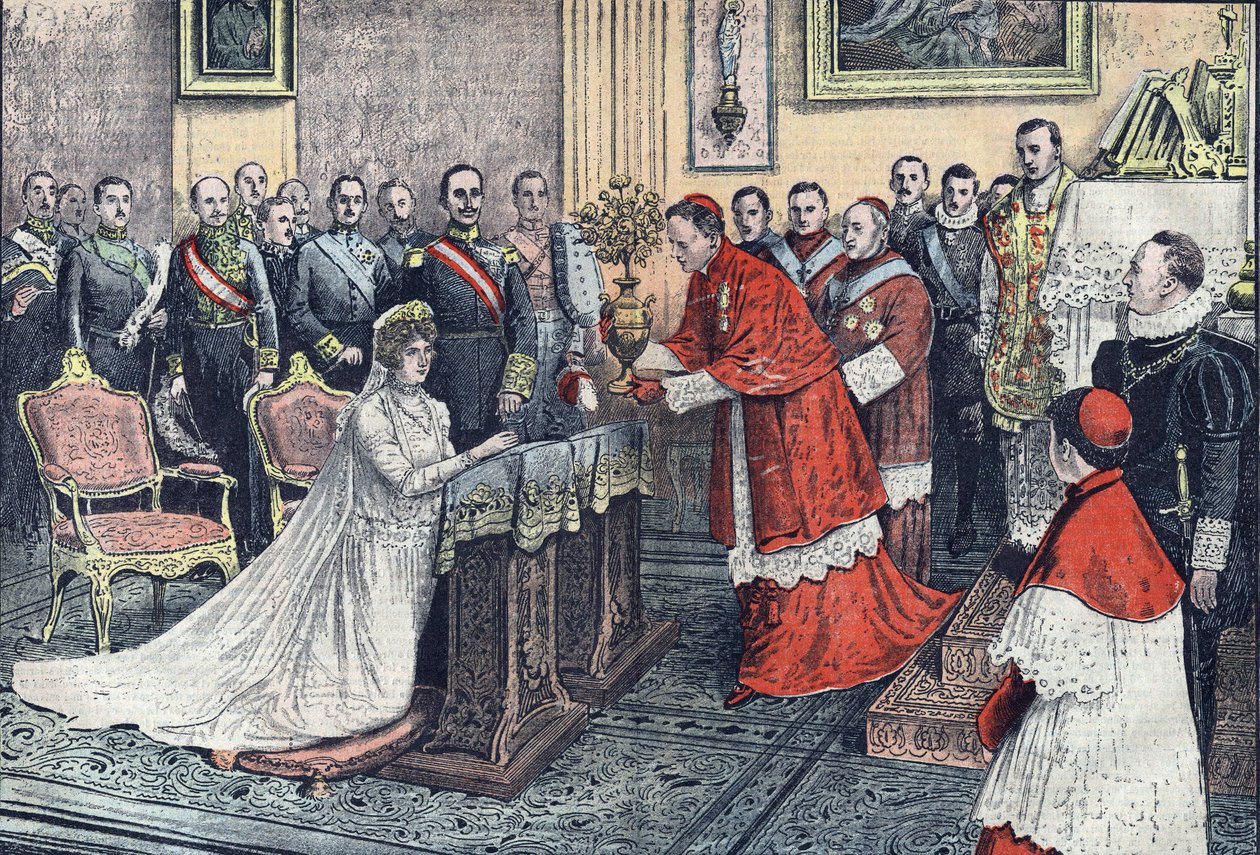 Die goldene Rose wird der Königin von Spanien von Monsignore Tedeschini überreicht von French School