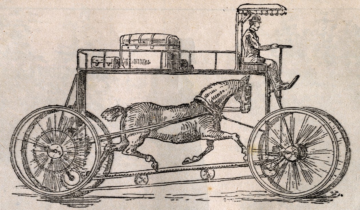 Das Hippocycle: Erfindung zur „Pferdeerhaltung“ als Transportmittel nach der Ankunft von Autos und Fahrrädern. Gravur in „Le Pelerin“ vom 9. August von French School