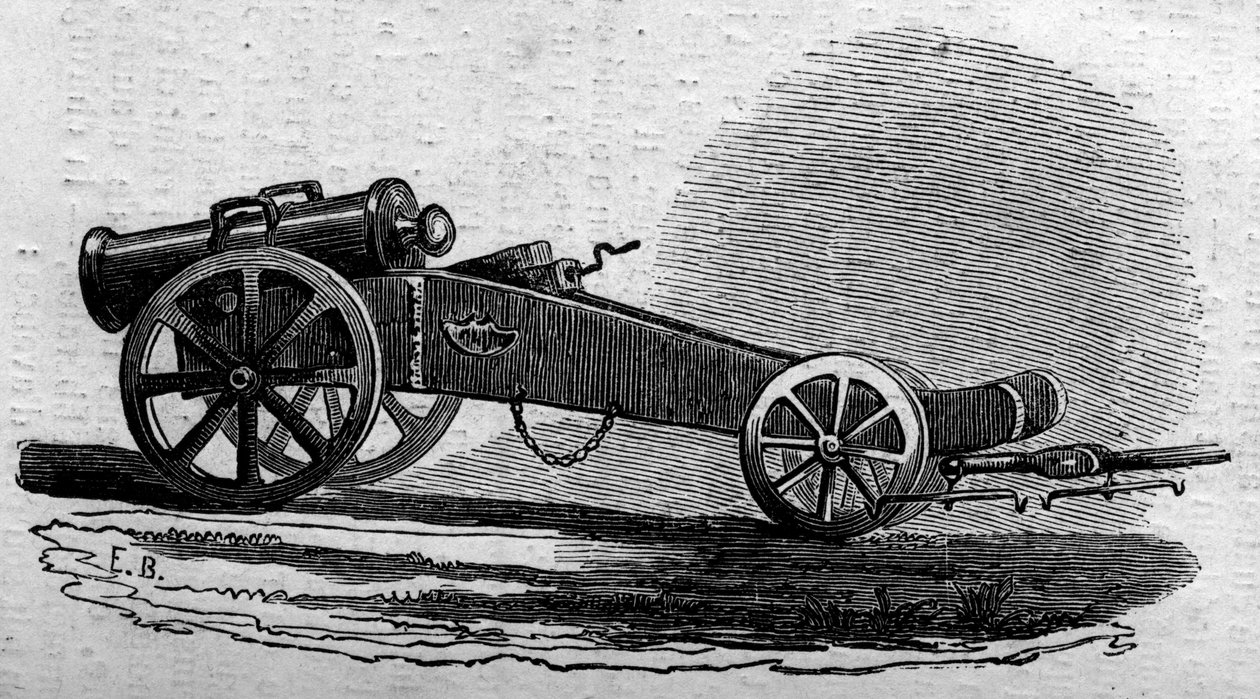 Der Haubitzenwerfer der österreichischen Armee, der während der Schlacht an der Buffalora-Brücke (Italien) während des Risorgimento 1859 verwendet wurde. Gravur in „Le Monde Illustré“ Nr. 114 vom 18. Juni 1859. von French School