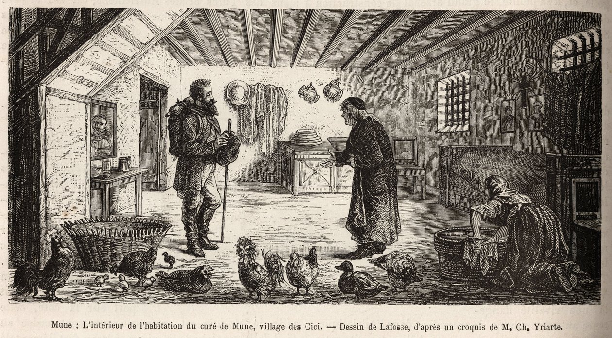 Das Innere des Hauses des Pfarrers von Mune, Dorf Les Cici, das den Erzähler im Hauptraum beherbergt, wo eine Frau auf den Knien Wäsche wäscht, neben dem Geflügel, das dort in völliger Freiheit lebt, graviert nach einer Zeichnung von Lafosse zur Illustrati von French School