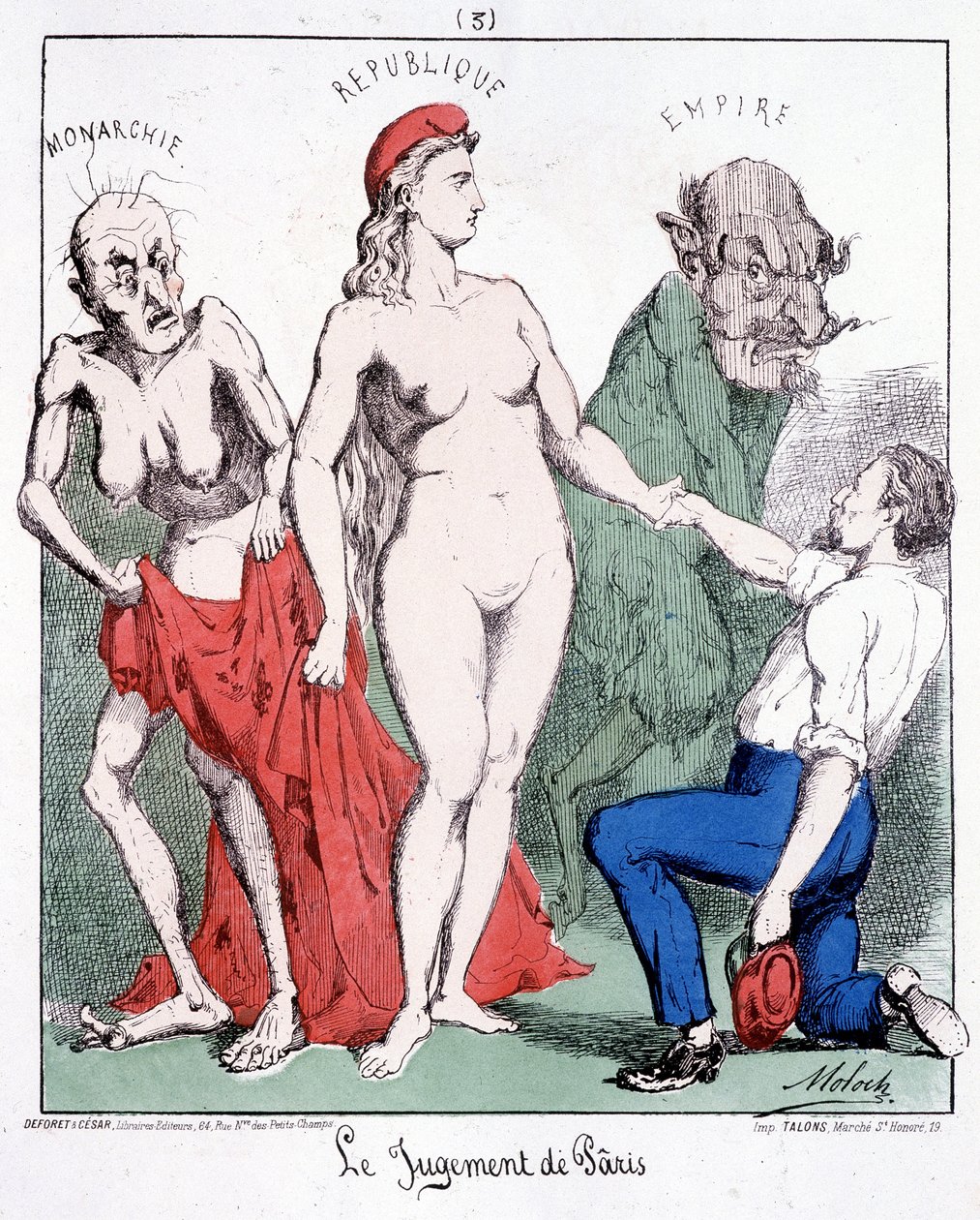 Das Urteil des Paris: Monarchie - Republik - Imperium (ein Kommunarde wählt die Republik). Karikatur über die Kommune. von French School