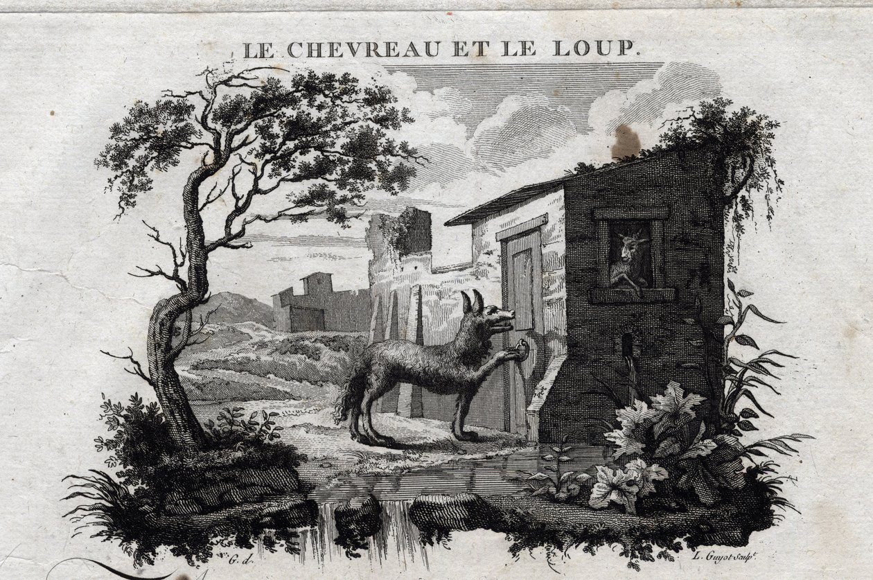 Das Zicklein und der Wolf. Fabel von Äsop. (Griechischer Schriftsteller Äsop oder Ecopus, 6. Jahrhundert v. Chr.) Geschrieben von Guillaume Montfort und graviert von Beauble im Jahr 1801. von French School
