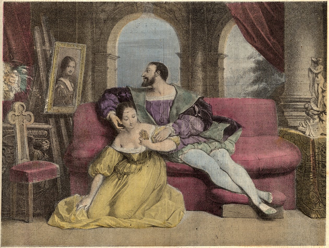 Der König von Frankreich Franz I. (1494-1547) und das schöne Eisenwerk. Lithographie von Daveria aus 1838 in „Laughs Et Galanterie“. Wöchentliche Sammlung galanter Bilder unter der Leitung von John Grand-Carteret. 1903-1904 von French School