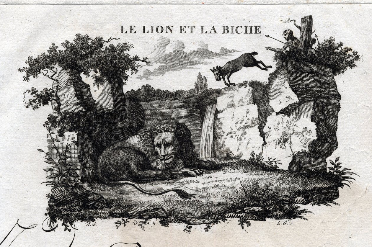 Der Löwe und das Reh. Fabel von Äsop. Geschrieben von Guillaume Montfort und graviert von Beauble im Jahr 1801. von French School