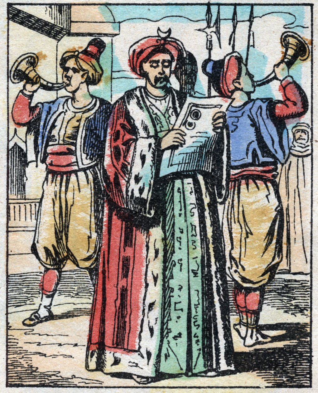 Die Hochzeit der Tochter des Sultans mit dem Sohn des Großwesirs wird von einem öffentlichen Vorleser verkündet. Gravur aus dem Märchen Tausendundeine Nacht "Aladin und die Wunderlampe". Epinal-Bild, Ende des 19. Jahrhunderts. Private Sammlung. von French School