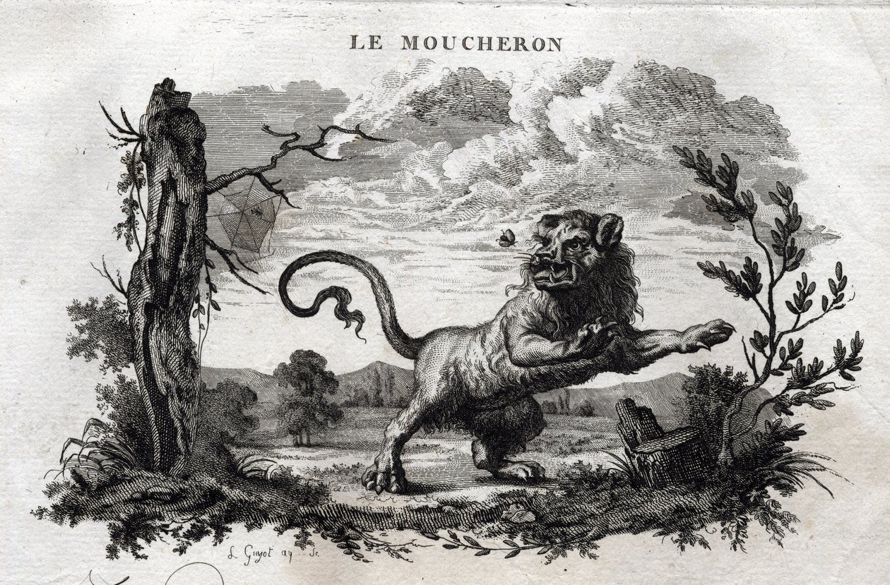 Die Mücken. Fabel von Äsop. Geschrieben von Guillaume Montfort und graviert von Beauble im Jahr 1801 von French School