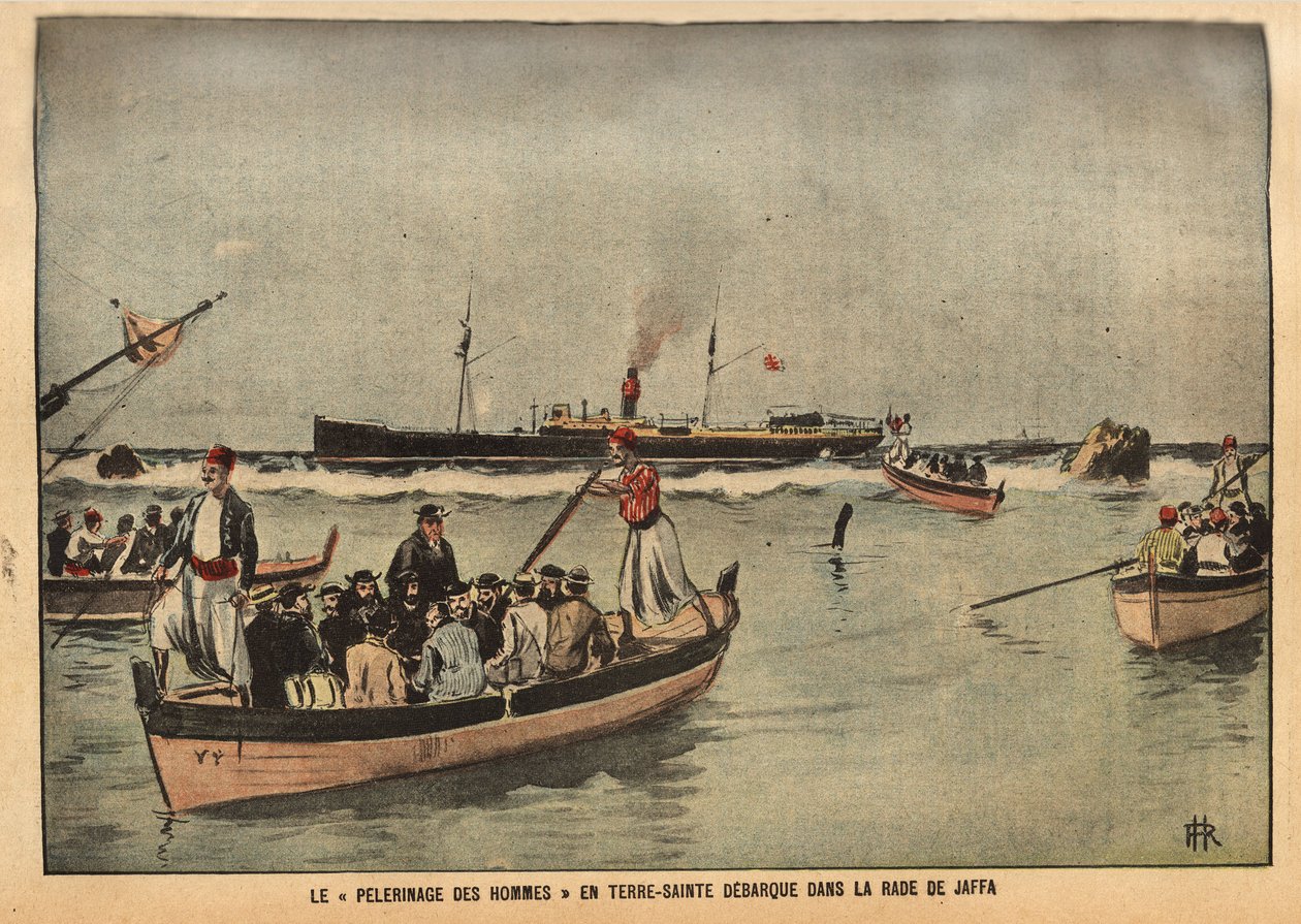 Die Pilgerfahrt der Männer ins Heilige Land von Jaffa (Israel). Gravur in "Le Pèlerin" 8/09/1901. Sammlung Selva von French School