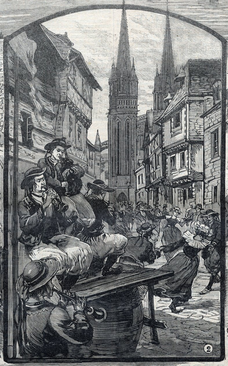 Die Dudelsackspieler in Quimper (Finistère, Bretagne). in „Le Petit Parisien“ von French School