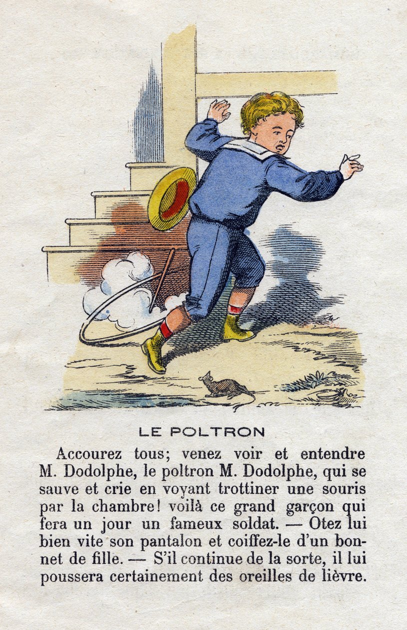 Der Feigling. Ein Kind, das mit dem Reifen spielt, erschreckt von einer Maus. Alphabet der kleinen Jungen. Abecedarium mit moralischem Wert, das Leseübungen enthält. Bild von Epinal, Ende des 19. Jahrhunderts von French School