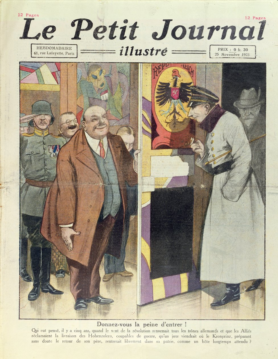 Die mögliche Rückkehr des deutschen Kronprinzen Wilhelm Hohenzollern nach Deutschland, aus Le Petit Journal, 25. November 1923 von French School