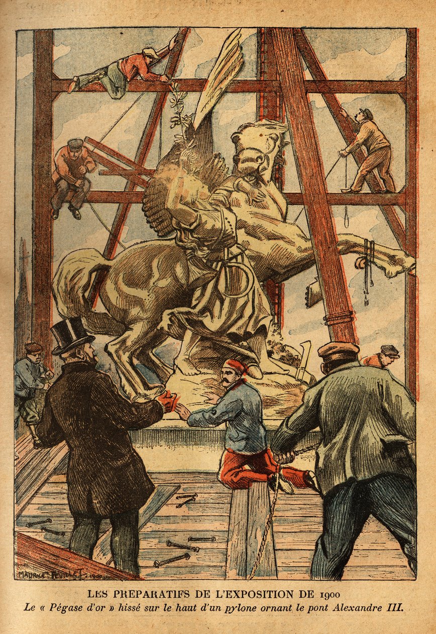 Die Vorbereitungen für die Ausstellung 1900, die Statue von "Pegase, von der Renommee am Zügel gehalten", in goldenem Bronze, von dem Bildhauer Emmanuel Fremiet (1824-1910), wird auf einem der vier Pylonen der Alexander-III-Brücke platziert. von French School