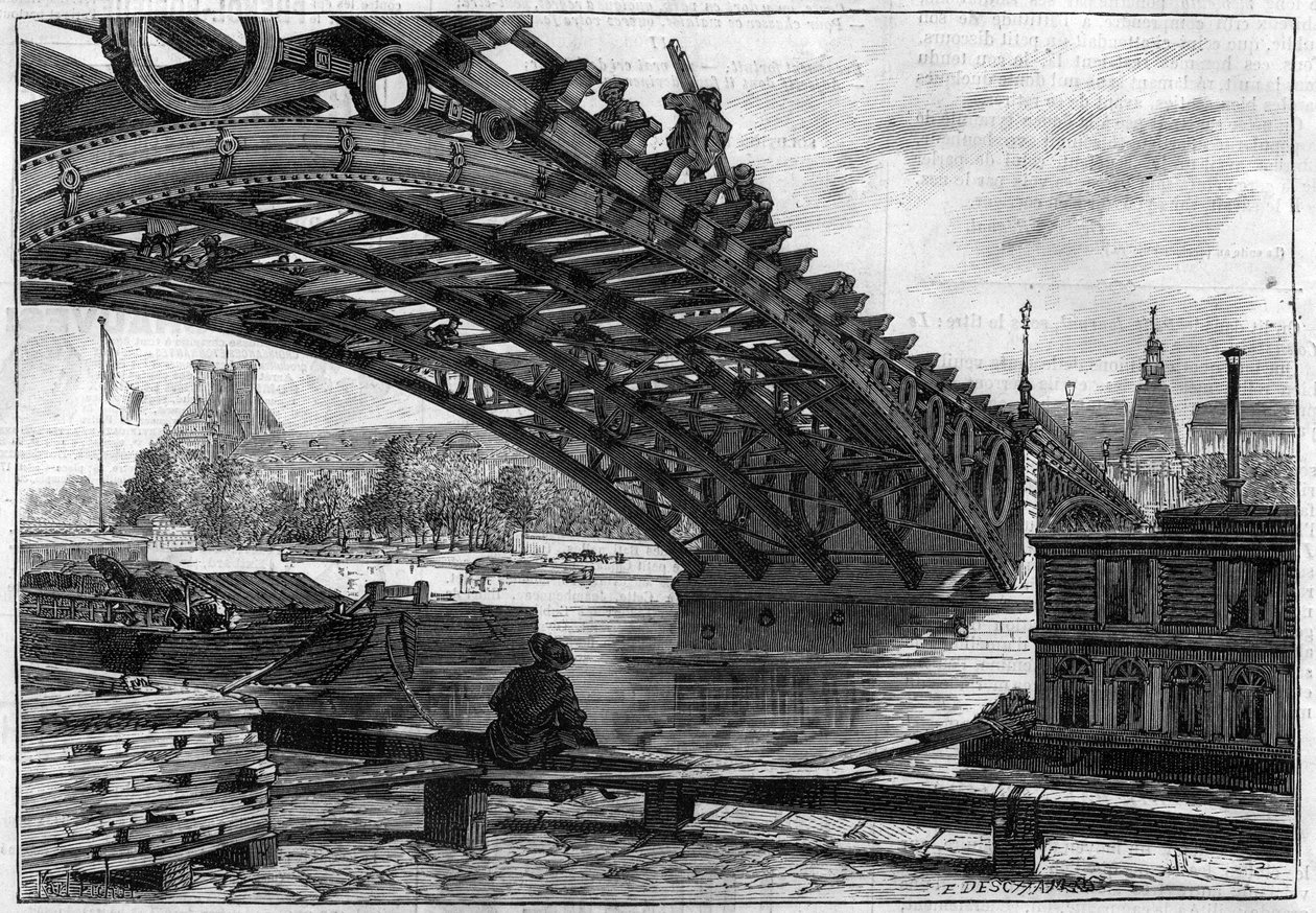 Die Erneuerung des Decks der Brücke der Heiligen Väter (Pont du Carrousel) im Jahr 1883 (Saints-Pères) - Gravur in „Le journal illustré“ von French School