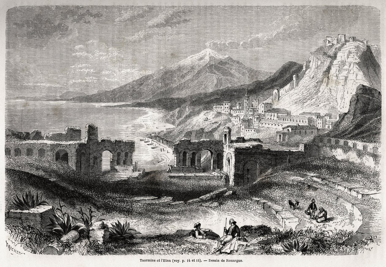 Die Ruinen des antiken Theaters von Taormina (Tauromenium), am Fuße des Berges Taurus, mit Blick auf das moderne Dorf Giardini und den Ätna, Zeichnung von Adolphe Rouargue (1810-187?) und Emile Rouargue (ca. 1795-1865) zur Illustration von Felix Bourquelot von French School