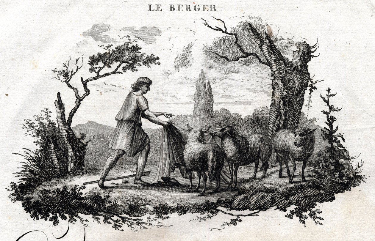 Der Hirte. Fabel von Äsop. (Griechischer Schriftsteller Äsop oder Ecopus, 6. Jahrhundert v. Chr.) Geschrieben von Guillaume Montfort und graviert von Beauble im Jahr 1801. von French School