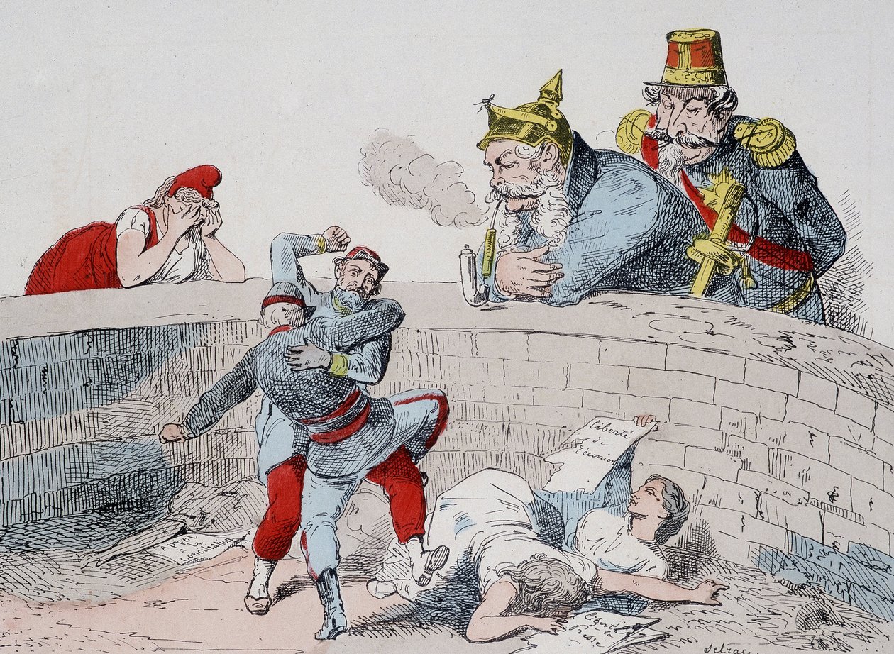 Die Situation - Gauillaume: Wir müssen Verrückten helfen, Badingue (Napoleon III): Lass sie machen, mein Bruder, es wird Zeit einzugreifen, wenn sie (die Pariser) sich selbst aufgefressen haben. Karikatur über die Kommune. von French School