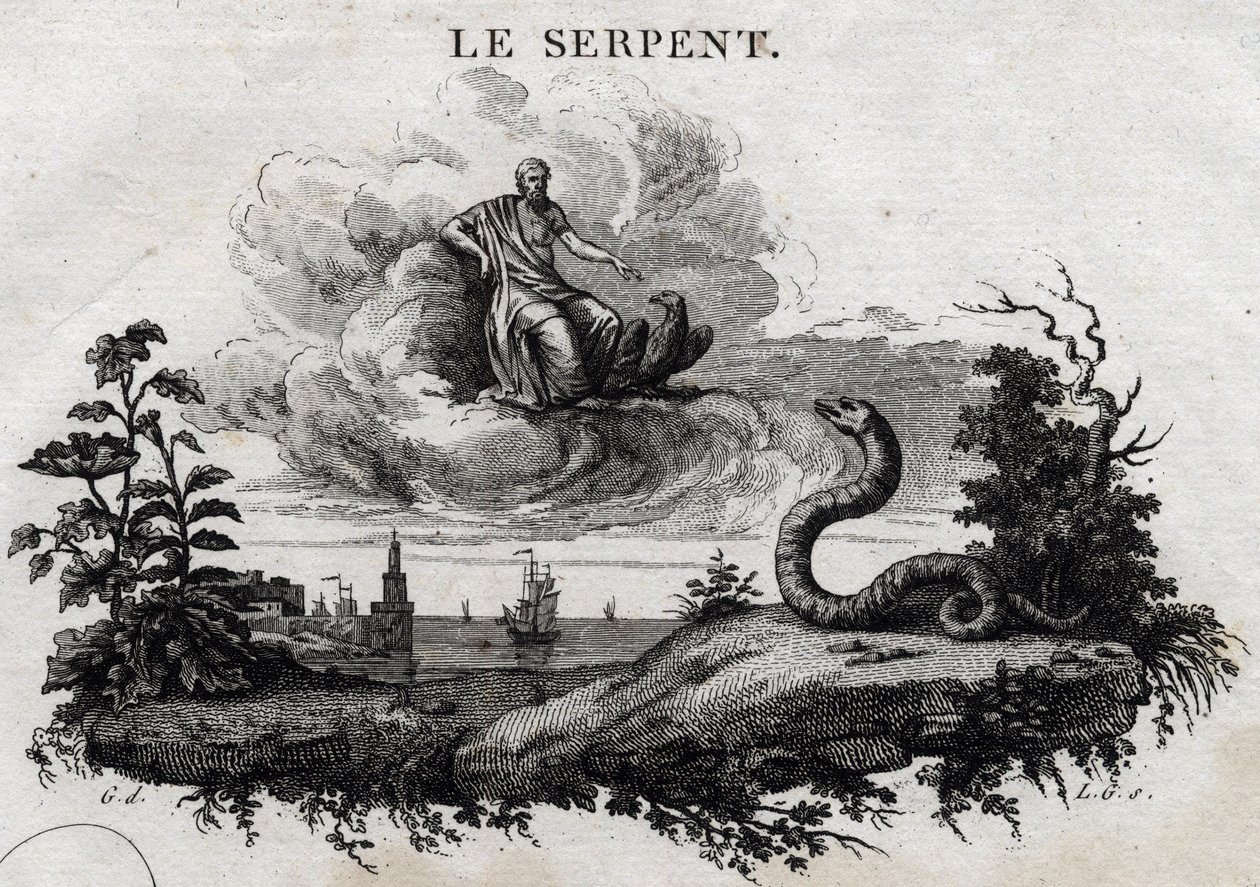 Die Schlange. Fabel von Äsop. Geschrieben von Guillaume Montfort und graviert von Beauble im Jahr 1801. von French School