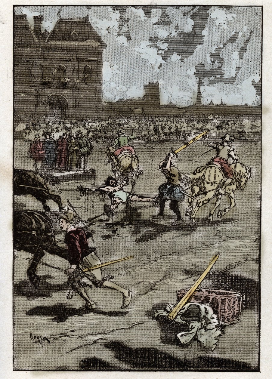 Die Folterung von Francois Ravaillac, Mörder von König Heinrich IV.: Er wird in Paris gevierteilt am 27. Mai von French School
