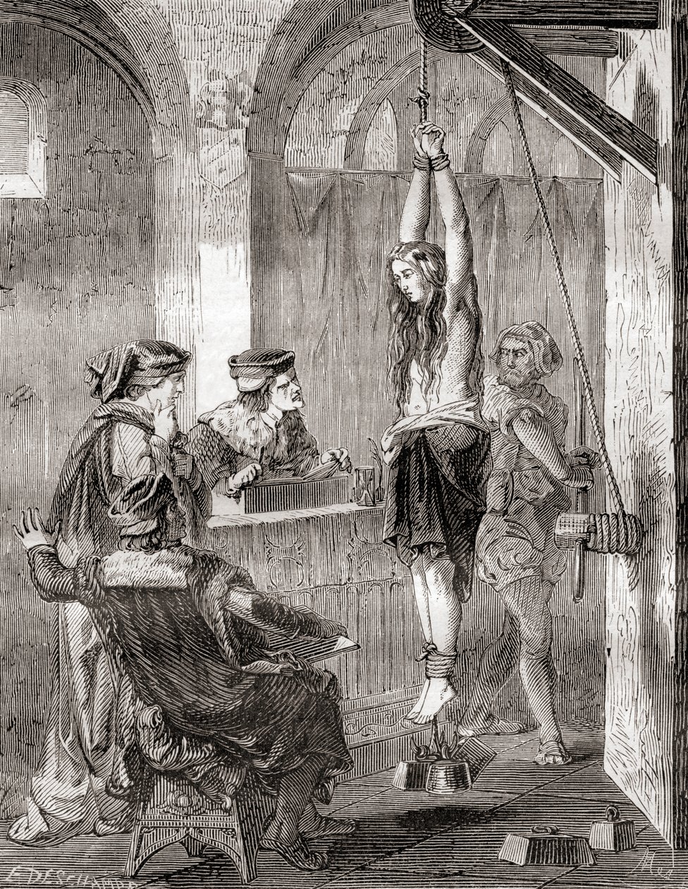 Die Folterung einer Frau, die im Mittelalter der Hexerei beschuldigt wurde, aus Les Merveilles de la Science, veröffentlicht um 1870 (Lithografie) von French School