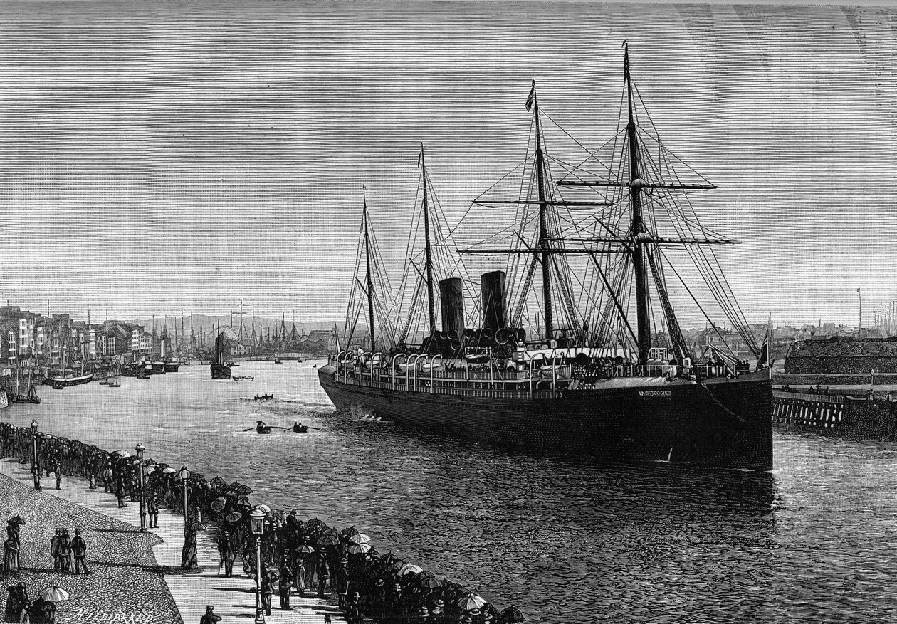 Der transatlantische Liner „La Gascogne“ im Hafen von Le Havre im Jahr 1887. Gravur im illustrierten Journal „La jeunesse“ von French School