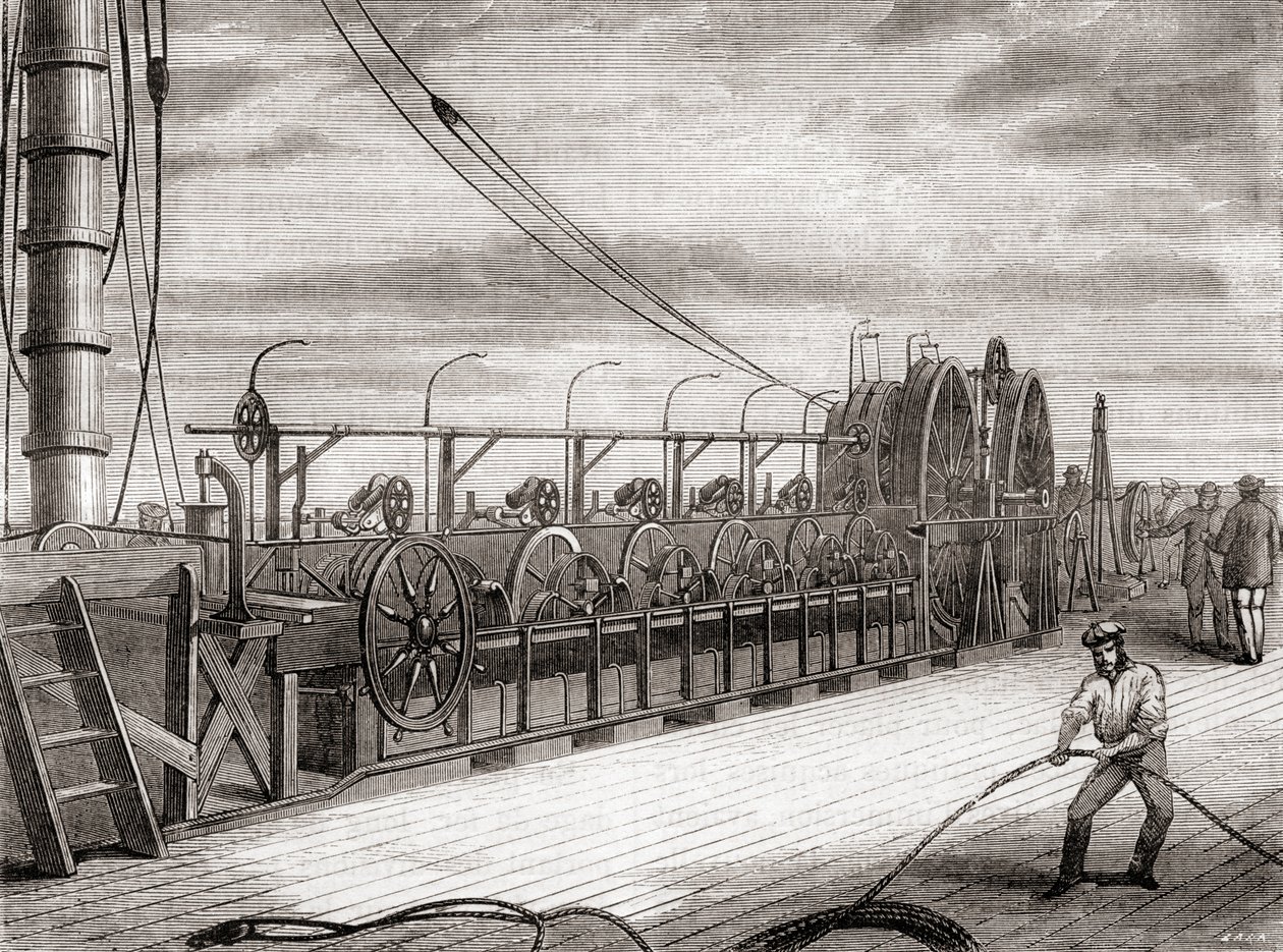 Das Abwickeln des transatlantischen Telegraphenkabels an Bord der S.S. Great Eastern von French School